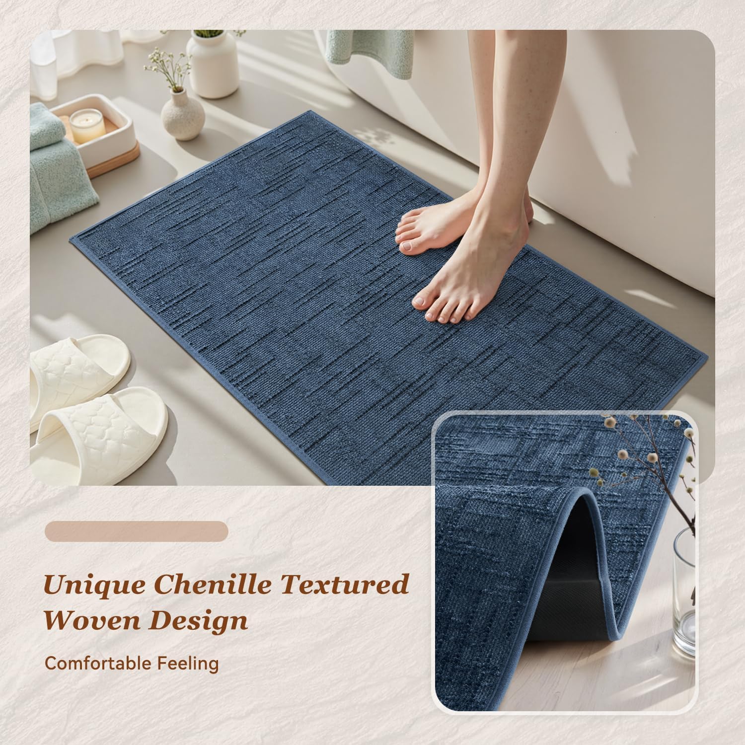 AMOAMI Bath Mat Non Slip Super Absorbent Quick Dry Bath Mats for Bathroom Floor Rubber Backing Washable Bathroom Rugs Modern Woven Jacquard Mat, Beside Tub Bath Rugs, 17" x 24", Blue - Image 4
